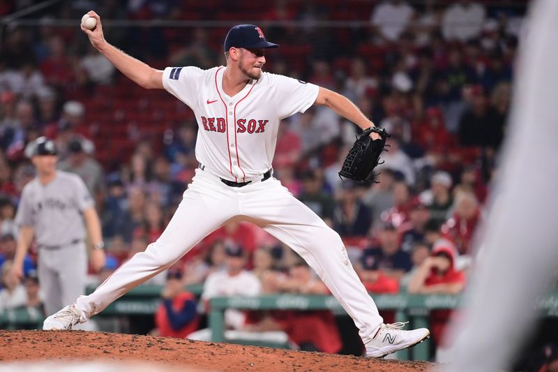 Jul 28, 2024; Boston, Massachusetts, USA; Boston Red Sox pitcher Cooper Criswell (64) pitches against the New York Yankees during the ninth inning at Fenway Park. Mandatory Credit: Eric Canha-USA TODAY Sports