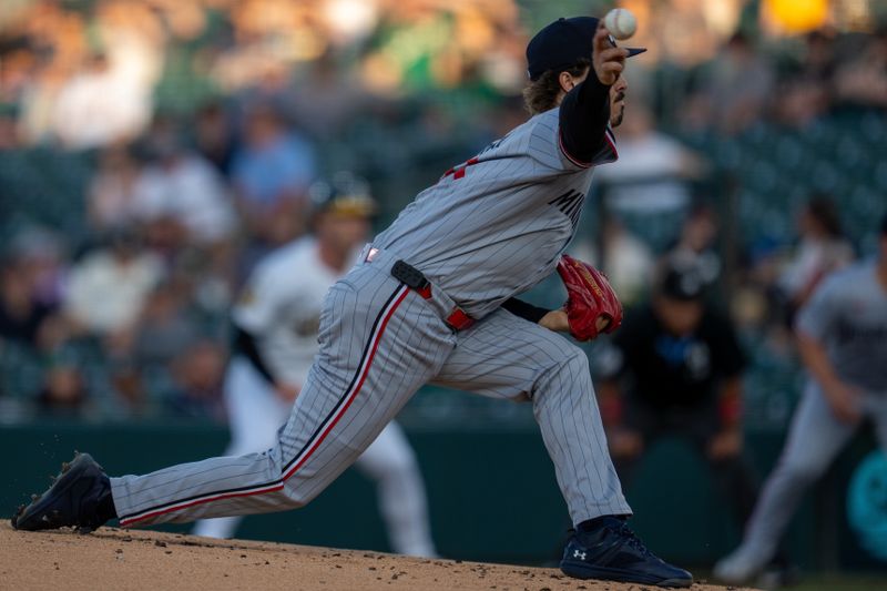 ]Jun 2, 2025; West Sacramento, California, USA; Minnesota Twins starting pitcher Joe Ryan (41) delivers a pitch against the Athletics during the first inning at Sutter Health Park. Mandatory Credit: Neville E. Guard-Imagn Images