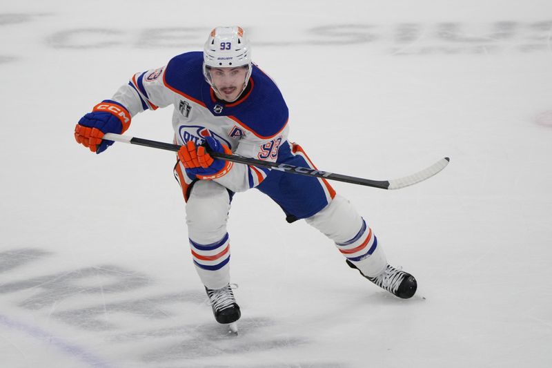 Jun 18, 2024; Sunrise, Florida, USA; Edmonton Oilers forward Ryan Nugent-Hopkins (93) skates during the first period against the Florida Panthers in game five of the 2024 Stanley Cup Final at Amerant Bank Arena. Mandatory Credit: Jim Rassol-USA TODAY Sports