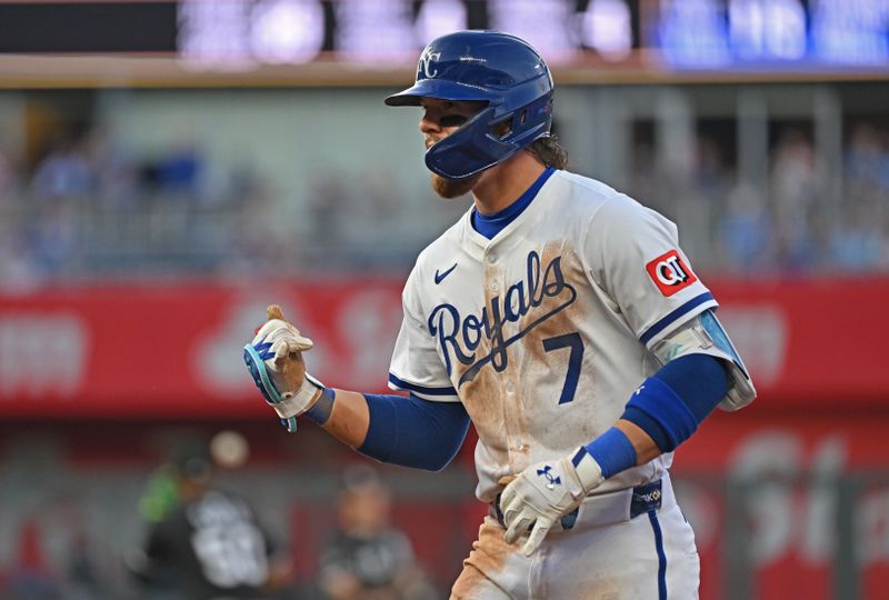 May 5, 2025; Kansas City, Missouri, USA;  Kansas City Royals shortstop Bobby Witt Jr. (7) reacts after hitting a single in the fourth inning against the Chicago White Sox at Kauffman Stadium. Mandatory Credit: Peter Aiken-Imagn Images