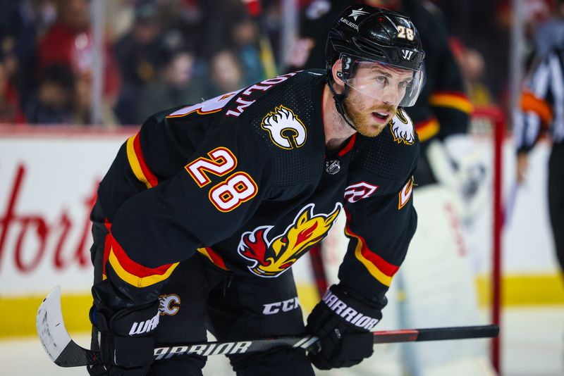 Jan 27, 2024; Calgary, Alberta, CAN; Calgary Flames center Elias Lindholm (28) during the face off against the Chicago Blackhawks during the third period at Scotiabank Saddledome. Mandatory Credit: Sergei Belski-USA TODAY Sports