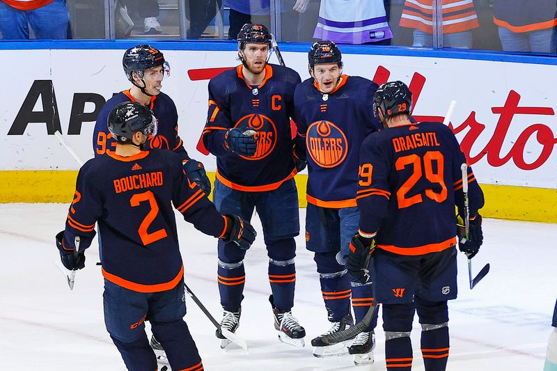 Jan 18, 2024; Edmonton, Alberta, CAN; The Edmonton Oilers celebrate a goal scored by forward Zach Hyman (18) during the third period against the Seattle Kraken at Rogers Place. Mandatory Credit: Perry Nelson-USA TODAY Sports