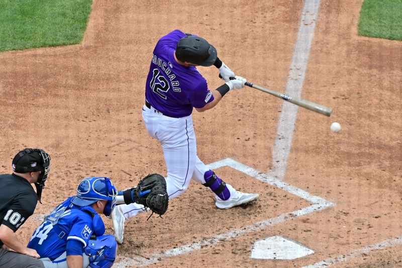 Mar 12, 2024; Salt River Pima-Maricopa, Arizona, USA;  Colorado Rockies right fielder Sean Bouchard (35) grounds out in the third inning against the Kansas City Royals during a spring training game at Salt River Fields at Talking Stick. Mandatory Credit: Matt Kartozian-USA TODAY Sports