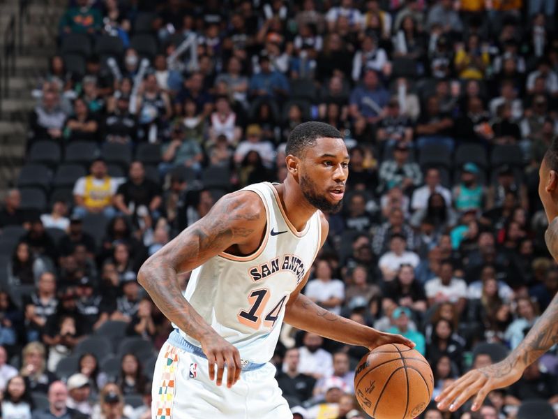 SAN ANTONIO, TX - NOVEMBER 27: Blake Wesley #14 of the San Antonio Spurs looks on during the game against the Los Angeles Lakers on November 27, 2024 at the Frost Bank Center in San Antonio, Texas. NOTE TO USER: User expressly acknowledges and agrees that, by downloading and or using this photograph, user is consenting to the terms and conditions of the Getty Images License Agreement. Mandatory Copyright Notice: Copyright 2024 NBAE (Photos by Jeff Haynes/NBAE via Getty Images)