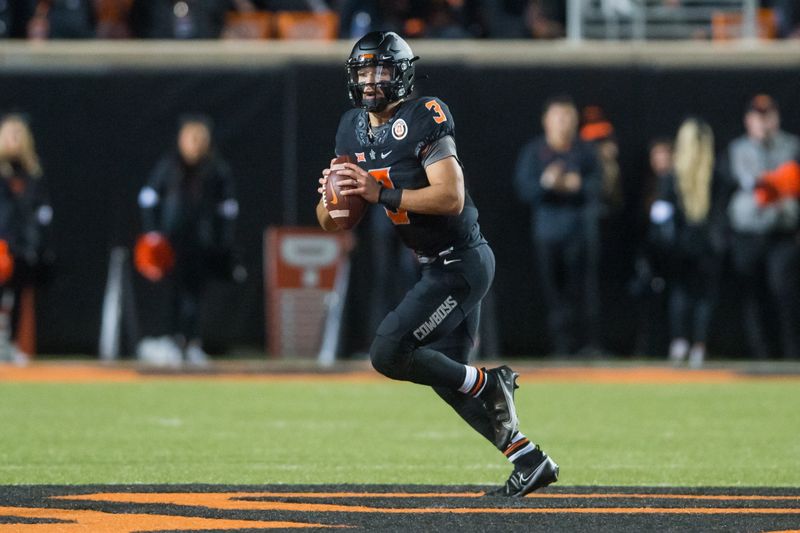 Nov 13, 2021; Stillwater, Oklahoma, USA; Oklahoma State Cowboys quarterback Spencer Sanders (3) looks to pass during the second quarter against the TCU Horned Frogs at Boone Pickens Stadium. Mandatory Credit: Brett Rojo-USA TODAY Sports