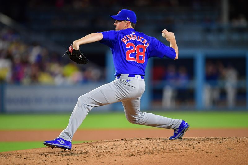 Sep 9, 2024; Los Angeles, California, USA; Chicago Cubs pitcher Kyle Hendricks (28) throws against the Los Angeles Dodgers during the third inning at Dodger Stadium. Mandatory Credit: Gary A. Vasquez-Imagn Images