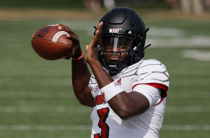 Oct 2, 2021; Winston-Salem, North Carolina, USA;  Louisville Cardinals quarterback Malik Cunningham (3) throws a pass before the game against the Wake Forest Demon Deacons at Truist Field. Mandatory Credit: Reinhold Matay-USA TODAY Sports