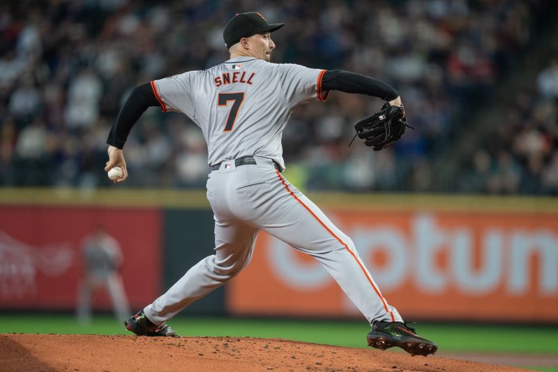 Aug 23, 2024; Seattle, Washington, USA; San Francisco Giants starter Blake Snell (7) delivers a pitch during the first inning against the Seattle Mariners  at T-Mobile Park. Mandatory Credit: Stephen Brashear-USA TODAY Sports