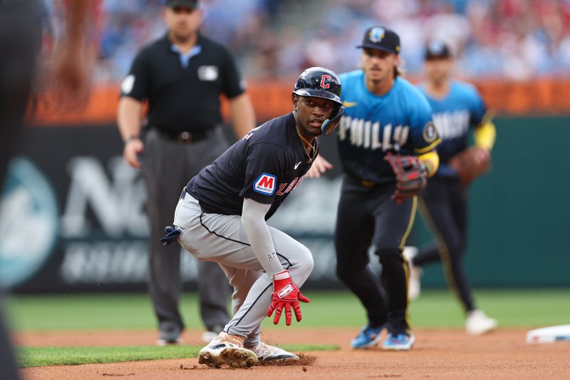 Jul 26, 2024; Philadelphia, Pennsylvania, USA; Cleveland Guardians third base Angel Martínez (1) is caught in a rundown during the first inning against the Philadelphia Phillies at Citizens Bank Park. Mandatory Credit: Bill Streicher-USA TODAY Sports