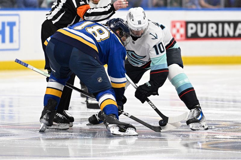 Apr 14, 2024; St. Louis, Missouri, USA; St. Louis Blues center Robert Thomas (18) takes the face-off against Seattle Kraken center Matty Beniers (10) during the third period at Enterprise Center. Mandatory Credit: Jeff Le-USA TODAY Sports