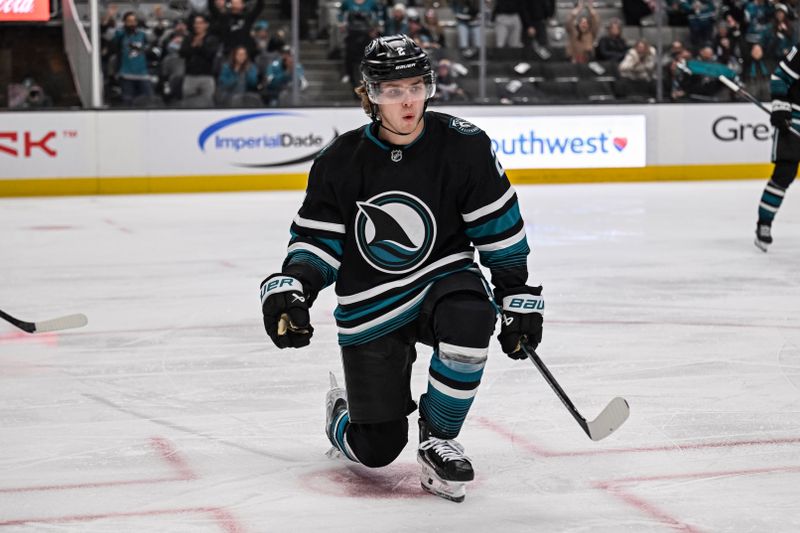 Dec 1, 2025; San Jose, California, USA; San Jose Sharks center Will Smith (2) reacts after scoring during the second period against the Utah Mammoth at SAP Center at San Jose. Mandatory Credit: Justine Willard-Imagn Images