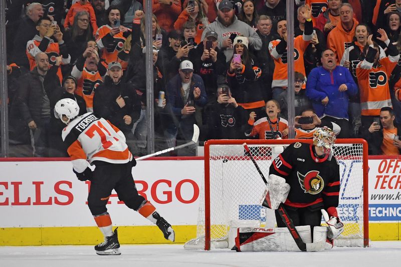 Mar 2, 2024; Philadelphia, Pennsylvania, USA; Ottawa Senators goaltender Mads Sogaard (40) reacts after allowing a penalty shot goal by Philadelphia Flyers right wing Tyson Foerster (71) during the second period at Wells Fargo Center. Mandatory Credit: Eric Hartline-USA TODAY Sports