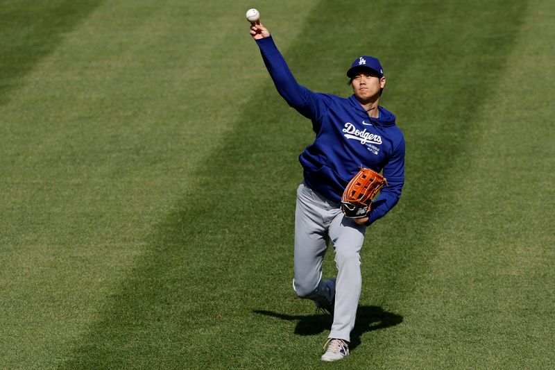 Apr 23, 2024; Washington, District of Columbia, USA; Los Angeles Dodgers two-way player Shohei Ohtani (17) on the field during a throwing session prior to the Dodgers' game against the Washington Nationals at Nationals Park. Mandatory Credit: Geoff Burke-USA TODAY Sports