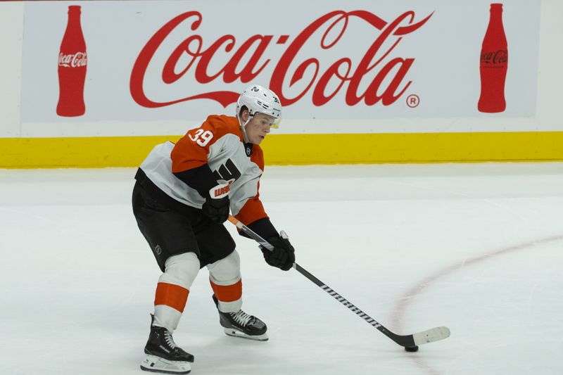 Nov 14, 2024; Ottawa, Ontario, CAN; Philadelphia Flyers right wing Matvei Michkov (39) skates with the puck in the third period against the Ottawa Senators at the Canadian Tire Centre. Mandatory Credit: Marc DesRosiers-Imagn Images