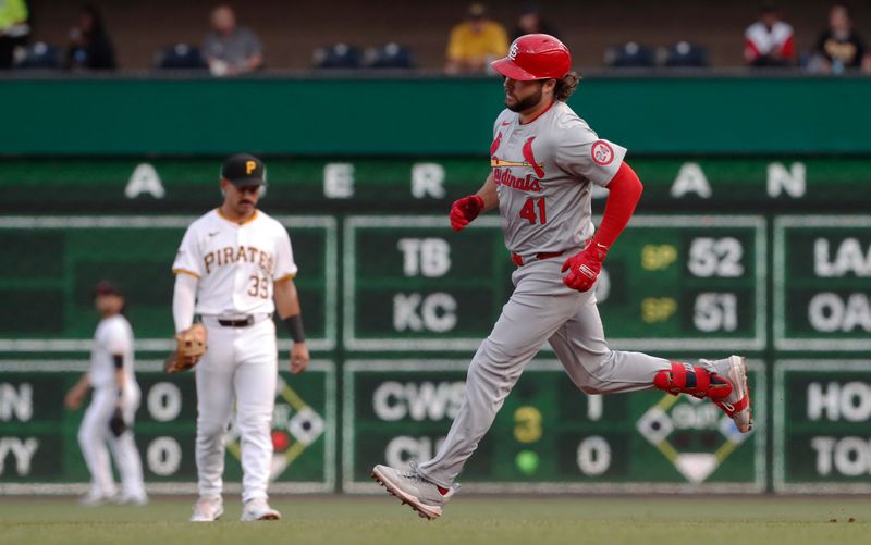 Jul 2, 2024; Pittsburgh, Pennsylvania, USA;  St. Louis Cardinals right fielder Alec Burleson (41) circles the bases on a two run home run against the Pittsburgh Pirates during the third inning at PNC Park. Mandatory Credit: Charles LeClaire-USA TODAY Sports