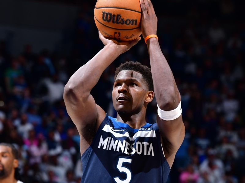 MINNEAPOLIS, MN -  APRIL 27: Anthony Edwards #5 of the Minnesota Timberwolves shoots a free throw during the game against the Los Angeles Lakers during Round 1 Game 4 of the 2025 NBA Playoffs on April 27, 2025 at Target Center in Minneapolis, Minnesota. NOTE TO USER: User expressly acknowledges and agrees that, by downloading and or using this Photograph, user is consenting to the terms and conditions of the Getty Images License Agreement. Mandatory Copyright Notice: Copyright 2025 NBAE (Photo by Barry Gossage/NBAE via Getty Images)