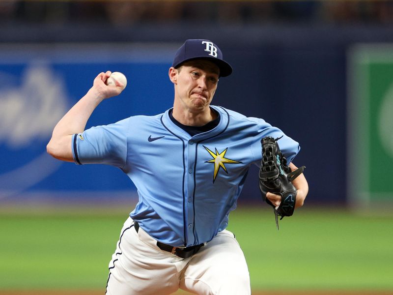 Apr 14, 2024; St. Petersburg, Florida, USA;  Tampa Bay Rays pitcher Kevin Kelly (49) throws a pitch against the San Francisco Giants in the ninth inning at Tropicana Field. Mandatory Credit: Nathan Ray Seebeck-USA TODAY Sports