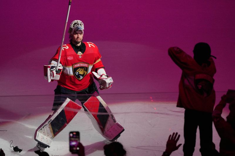 Apr 29, 2024; Sunrise, Florida, USA; Florida Panthers goaltender Sergei Bobrovsky (72) was the second star of the game following game five of the first round of the 2024 Stanley Cup Playoffs at Amerant Bank Arena. Mandatory Credit: Jim Rassol-USA TODAY Sports