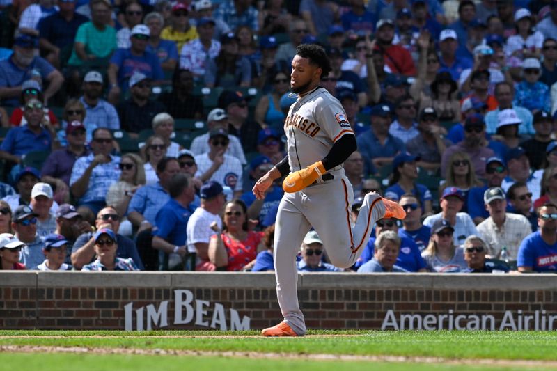 Sep 6, 2023; Chicago, Illinois, USA;  San Francisco Giants left fielder Los Matos (29) scores against the Chicago Cubs during the seventh inning at Wrigley Field. Mandatory Credit: Matt Marton-USA TODAY Sports