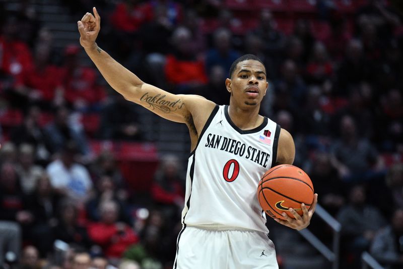 Feb 21, 2023; San Diego, California, USA; San Diego State Aztecs forward Keshad Johnson (0) gestures during the first half against the Colorado State Rams at Viejas Arena. Mandatory Credit: Orlando Ramirez-USA TODAY Sports