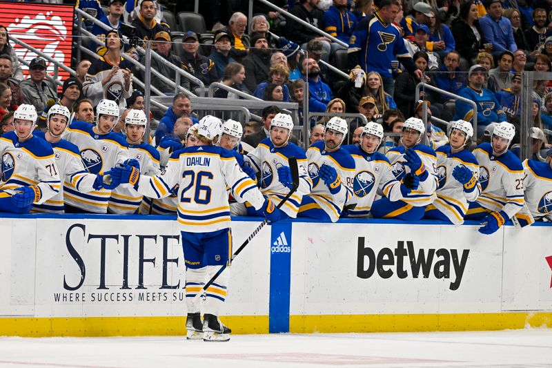 Nov 30, 2023; St. Louis, Missouri, USA;  Buffalo Sabres defenseman Rasmus Dahlin (26) is congratulated by teammates after scoring against the St. Louis Blues during the first period at Enterprise Center. Mandatory Credit: Jeff Curry-USA TODAY Sports