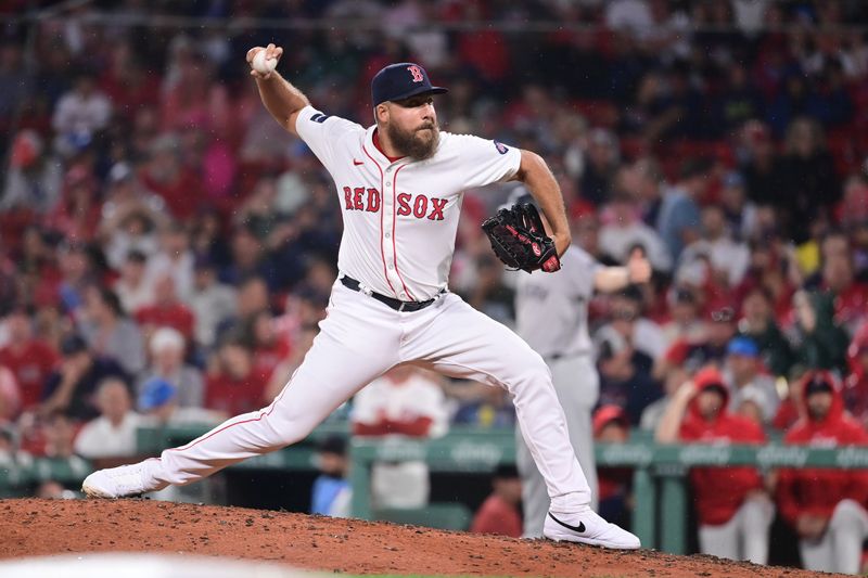 Jul 28, 2024; Boston, Massachusetts, USA; Boston Red Sox pitcher Greg Weissert (57) pitches against the New York Yankees during the seventh inning at Fenway Park. Mandatory Credit: Eric Canha-USA TODAY Sports