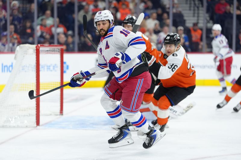 Jan 17, 2026; Philadelphia, Pennsylvania, USA; New York Rangers center Vincent Trocheck (16) watches the puck against the Philadelphia Flyers in the first period at Xfinity Mobile Arena. Mandatory Credit: Kyle Ross-Imagn Images