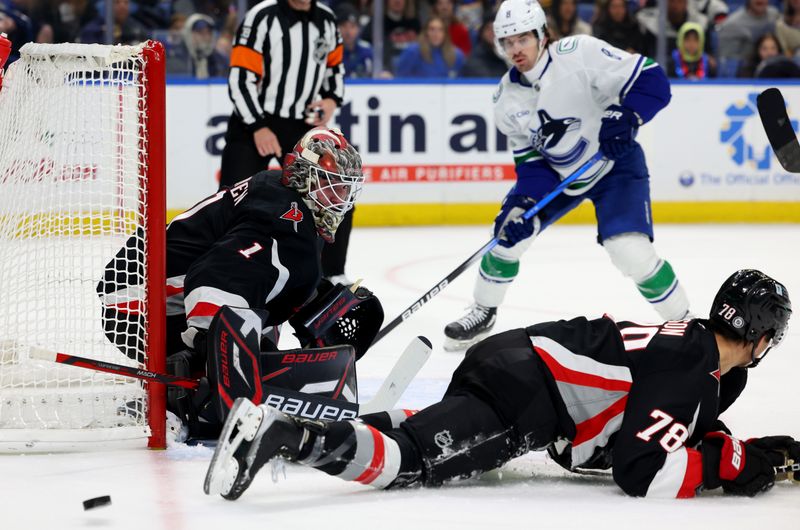 Nov 29, 2024; Buffalo, New York, USA;  Buffalo Sabres goaltender Ukko-Pekka Luukkonen (1) watches as defenseman Jacob Bryson (78) blocks a shot during the first period against the Vancouver Canucks at KeyBank Center. Mandatory Credit: Timothy T. Ludwig-Imagn Images