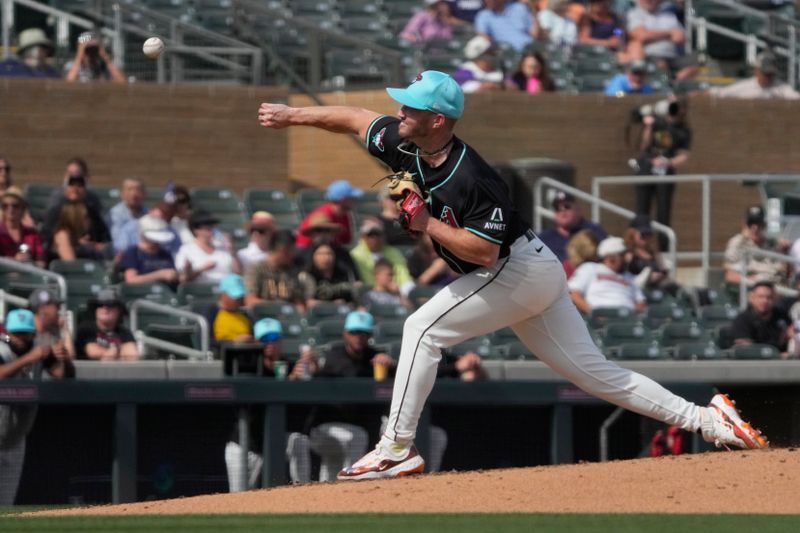 Feb 27, 2024; Salt River Pima-Maricopa, Arizona, USA; Arizona Diamondbacks relief pitcher Bryce Jarvis (40) throws against the Texas Rangers during the third inning at Salt River Fields at Talking Stick. Mandatory Credit: Rick Scuteri-USA TODAY Sports