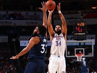 OKLAHOMA CITY, OK - OCTOBER 23: Kenrich Williams #34 of the Oklahoma City Thunder shoots the ball during the game against the Minnesota Timberwolves on October 23, 2022 at Paycom Arena in Oklahoma City, Oklahoma. NOTE TO USER: User expressly acknowledges and agrees that, by downloading and or using this photograph, User is consenting to the terms and conditions of the Getty Images License Agreement. Mandatory Copyright Notice: Copyright 2022 NBAE (Photo by Zach Beeker/NBAE via Getty Images)