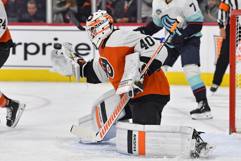 Feb 10, 2024; Philadelphia, Pennsylvania, USA; Philadelphia Flyers goaltender Cal Petersen (40) makes a save against the Seattle Kraken during the second period at Wells Fargo Center. Mandatory Credit: Eric Hartline-USA TODAY Sports