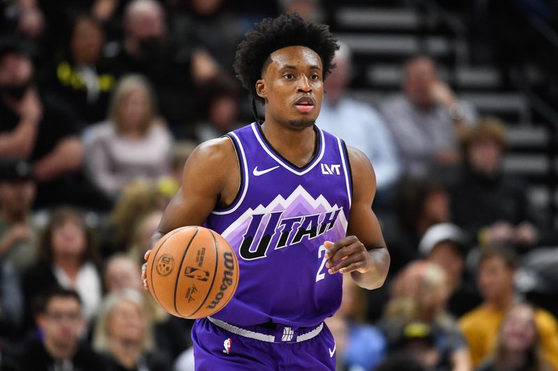 SALT LAKE CITY, UTAH - JANUARY 03: Collin Sexton #2 of the Utah Jazz in action during the first half of a game against the Detroit Pistons at Delta Center on January 03, 2024 in Salt Lake City, Utah. NOTE TO USER: User expressly acknowledges and agrees that, by downloading and or using this photograph, User is consenting to the terms and conditions of the Getty Images License Agreement. (Photo by Alex Goodlett/Getty Images)