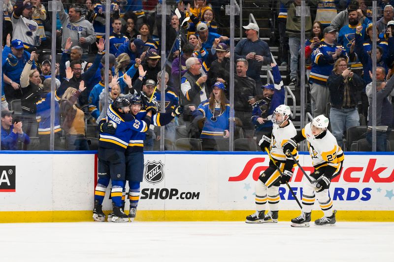 Apr 3, 2025; St. Louis, Missouri, USA;  St. Louis Blues right wing Jimmy Snuggerud (21) celebrates after assisting on a goal by left wing Jake Neighbours (63) for his first NHL point during the third period against the Pittsburgh Penguins at Enterprise Center. Mandatory Credit: Jeff Curry-Imagn Images