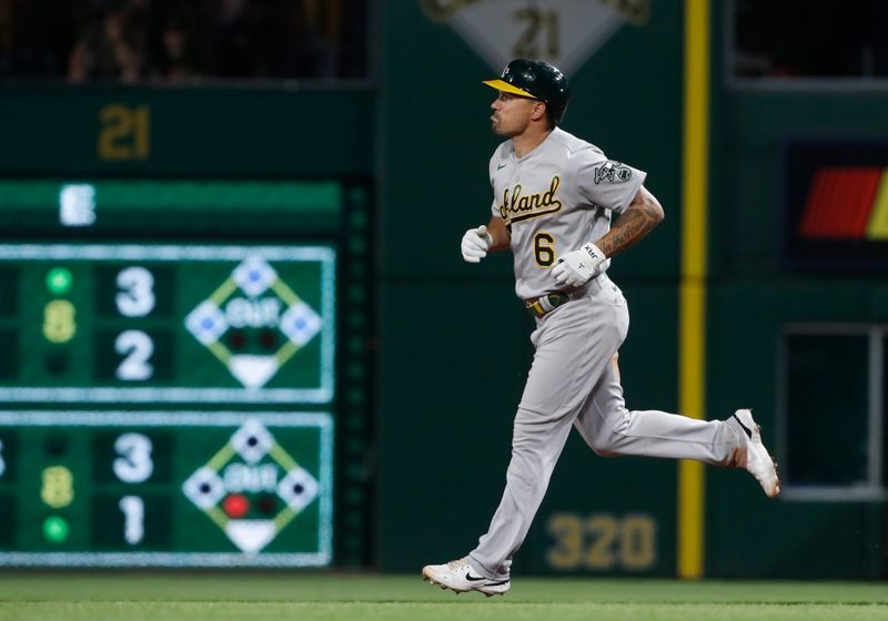 Jun 6, 2023; Pittsburgh, Pennsylvania, USA; Oakland Athletics second baseman Jace Peterson (6) runs the bases after hitting a two run home run against the Pittsburgh Pirates during the eighth inning at PNC Park. Mandatory Credit: Charles LeClaire-USA TODAY Sports