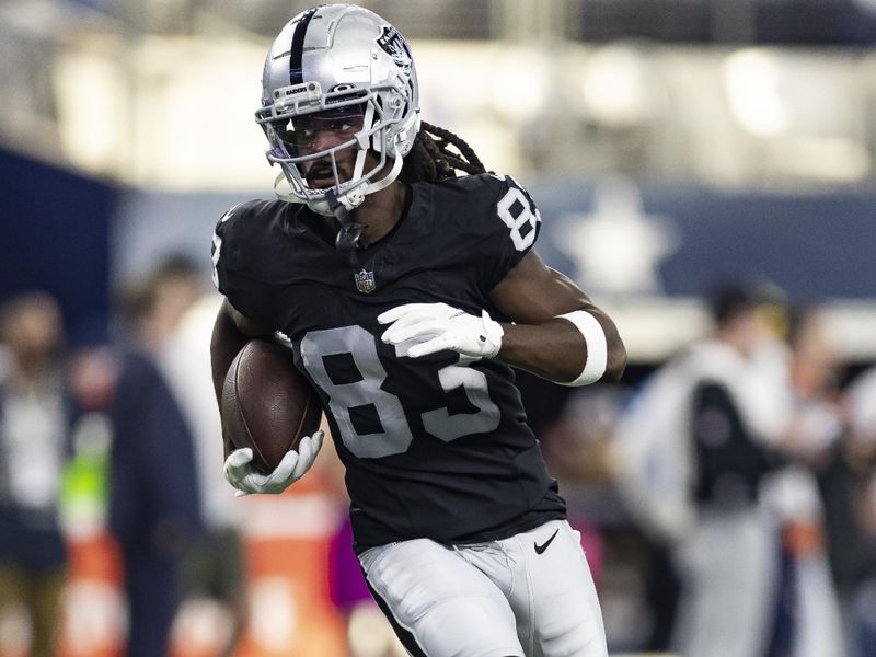 Las Vegas Raiders wide receiver Kristian Wilkerson (83) is seen during warm ups before an NFL preseason football game against the Dallas Cowboys, Saturday, Aug. 26, 2023, in Arlington, Texas. Dallas won 31-16. (AP Photo/Brandon Wade)