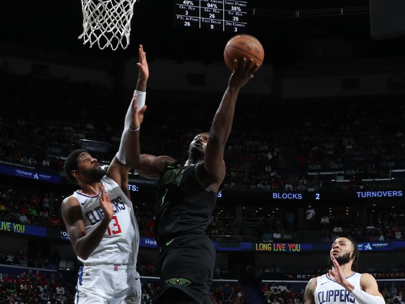 NEW ORLEANS, LA - MARCH 15: Zion Williamson #1 of the New Orleans Pelicans drives to the basket during the game against the LA Clippers on March 15, 2024 at the Smoothie King Center in New Orleans, Louisiana. NOTE TO USER: User expressly acknowledges and agrees that, by downloading and or using this Photograph, user is consenting to the terms and conditions of the Getty Images License Agreement. Mandatory Copyright Notice: Copyright 2024 NBAE (Photo by Layne Murdoch Jr./NBAE via Getty Images)