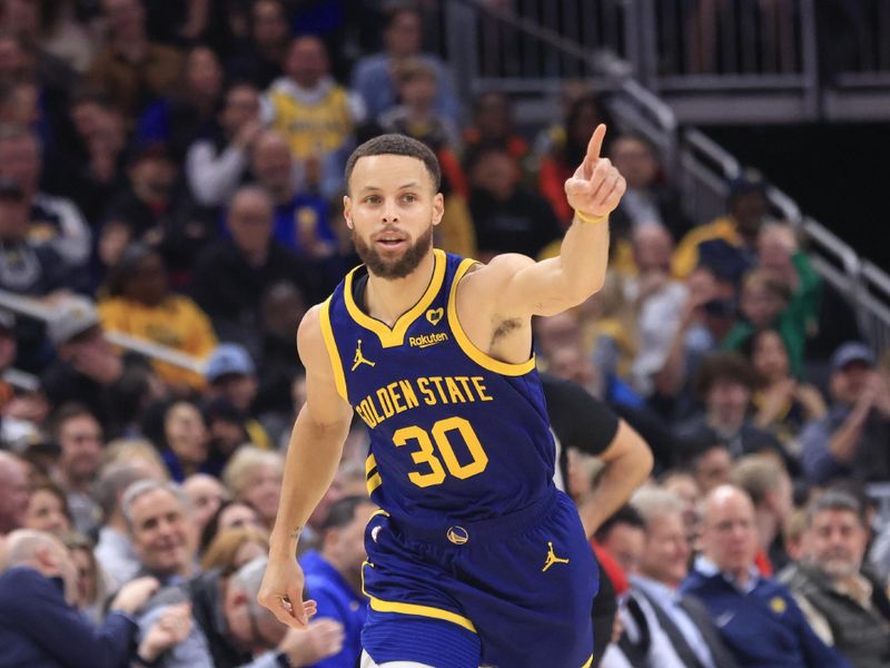 INDIANAPOLIS, IN - FEBRUARY 8:  Stephen Curry #30 of the Golden State Warriors looks on during the game on February 8, 2024  at Gainbridge Fieldhouse in Indianapolis, Indiana. NOTE TO USER: User expressly acknowledges and agrees that, by downloading and or using this Photograph, user is consenting to the terms and conditions of the Getty Images License Agreement. Mandatory Copyright Notice: Copyright 2024 NBAE (Photo by Justin Casterline/NBAE via Getty Images)