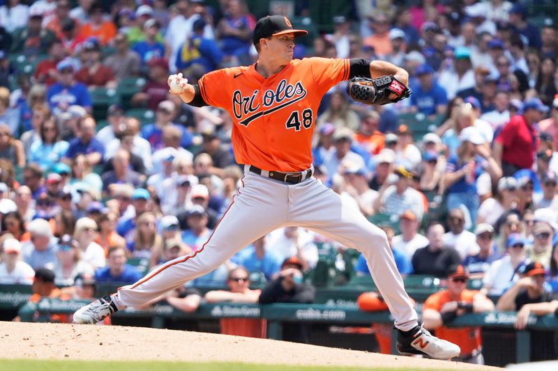 Jun 17, 2023; Chicago, Illinois, USA; Baltimore Orioles starting pitcher Kyle Gibson (48) throws against the Chicago Cubs during the first inning at Wrigley Field. Mandatory Credit: David Banks-USA TODAY Sports