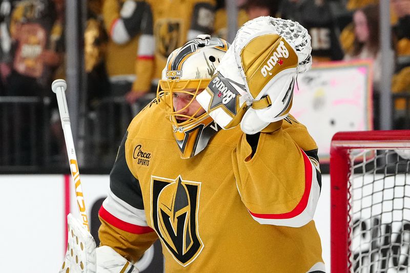 Apr 1, 2025; Las Vegas, Nevada, USA; Vegas Golden Knights goaltender Adin Hill (33) warms up before a game against the Edmonton Oilers at T-Mobile Arena. Mandatory Credit: Stephen R. Sylvanie-Imagn Images