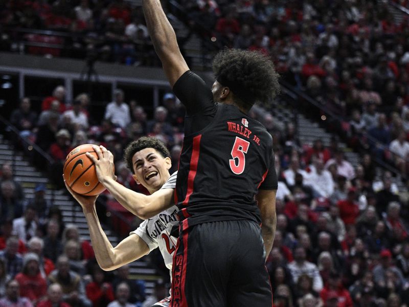 Jan 6, 2024; San Diego, California, USA; San Diego State Aztecs guard Miles Byrd (21) is fouled by UNLV Rebels forward Rob Whaley Jr. (5) during the second half at Viejas Arena. Mandatory Credit: Orlando Ramirez-USA TODAY Sports