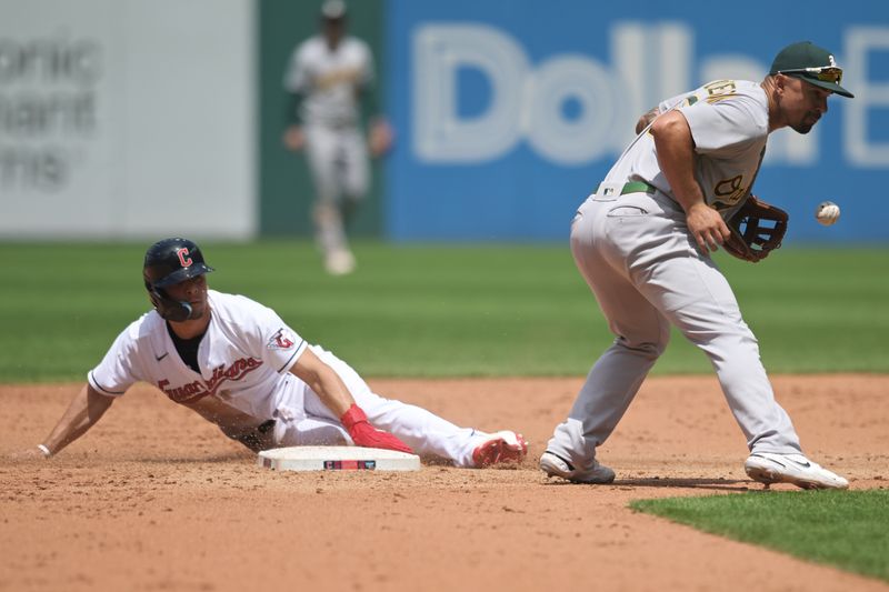 Jun 22, 2023; Cleveland, Ohio, USA; Cleveland Guardians second baseman Andres Gimenez (0) steals second as Oakland Athletics second baseman Jace Peterson (6) waits for the throw during the fifth inning at Progressive Field. Mandatory Credit: Ken Blaze-USA TODAY Sports