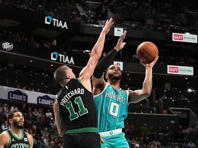 CHARLOTTE, NC - NOVEMBER 20: Miles Bridges #0 of the Charlotte Hornets drives to the basket during the game against the Boston Celtics on November 20, 2023 at Spectrum Center in Charlotte, North Carolina. NOTE TO USER: User expressly acknowledges and agrees that, by downloading and or using this photograph, User is consenting to the terms and conditions of the Getty Images License Agreement. Mandatory Copyright Notice: Copyright 2023 NBAE (Photo by Kent Smith/NBAE via Getty Images)