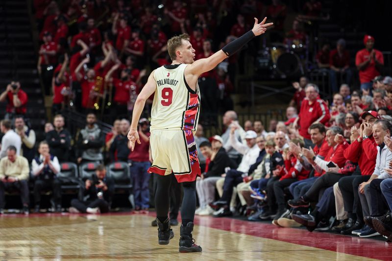 Feb 15, 2024; Piscataway, New Jersey, USA; Rutgers Scarlet Knights forward Oskar Palmquist (9) reacts after a three point basket during the first half against the Northwestern Wildcats at Jersey Mike's Arena. Mandatory Credit: Vincent Carchietta-USA TODAY Sports