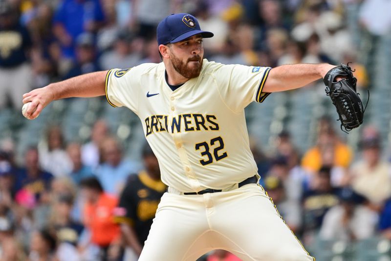 Jul 11, 2024; Milwaukee, Wisconsin, USA; Milwaukee Brewers starting pitcher Aaron Civale (32) pitches in the first inning against the Pittsburgh Pirates at American Family Field. Mandatory Credit: Benny Sieu-USA TODAY Sports