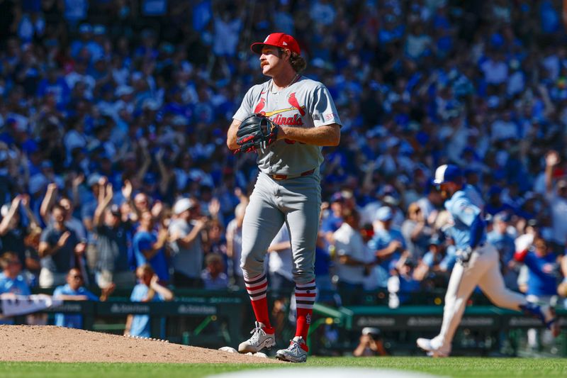 Sep 26, 2025; Chicago, Illinois, USA; St. Louis Cardinals starting pitcher Miles Mikolas (39) reacts after giving up a solo home run to Chicago Cubs first baseman Michael Busch during the fifth inning at Wrigley Field. Mandatory Credit: Kamil Krzaczynski-Imagn Images