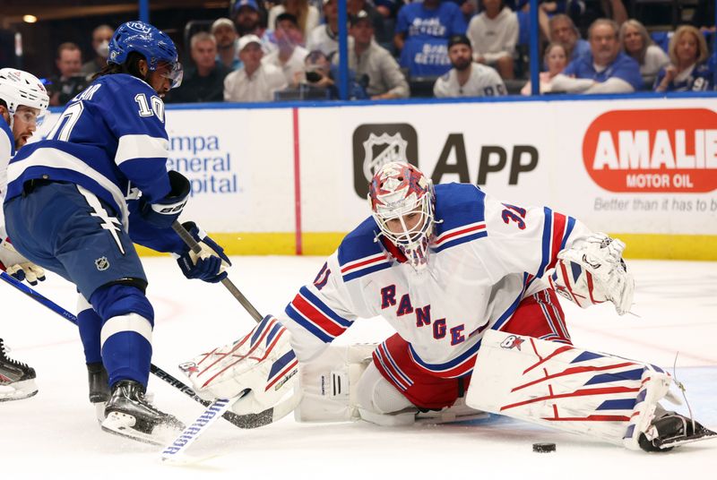 Mar 14, 2024; Tampa, Florida, USA; New York Rangers goaltender Igor Shesterkin (31) makes a save from Tampa Bay Lightning left wing Anthony Duclair (10) during the first period at Amalie Arena. Mandatory Credit: Kim Klement Neitzel-USA TODAY Sports