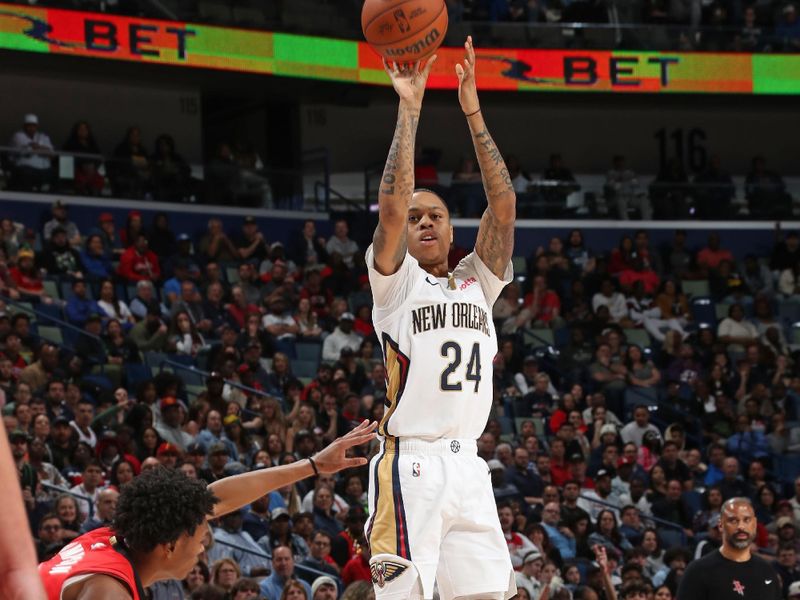 NEW ORLEANS, LA - FEBRUARY 22: Jordan Hawkins #24 of the New Orleans Pelicans shoots the ball during the game against the Houston Rockets on February 22, 2024 at the Smoothie King Center in New Orleans, Louisiana. NOTE TO USER: User expressly acknowledges and agrees that, by downloading and or using this Photograph, user is consenting to the terms and conditions of the Getty Images License Agreement. Mandatory Copyright Notice: Copyright 2024 NBAE (Photo by Layne Murdoch Jr./NBAE via Getty Images)