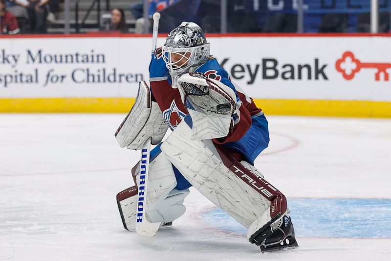 Oct 19, 2023; Denver, Colorado, USA; Colorado Avalanche goaltender Alexandar Georgiev (40) makes a save in the first period against the Chicago Blackhawks at Ball Arena. Mandatory Credit: Isaiah J. Downing-USA TODAY Sports