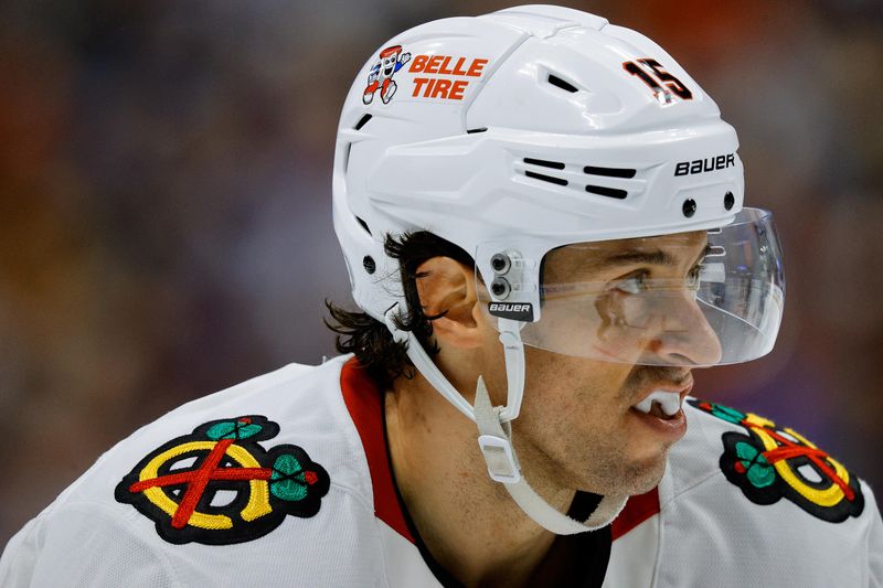 Oct 28, 2024; Denver, Colorado, USA; A detail view of the custom mouth guard worn by Chicago Blackhawks center Craig Smith (15) in the third period against the Colorado Avalanche at Ball Arena. Mandatory Credit: Isaiah J. Downing-Imagn Images