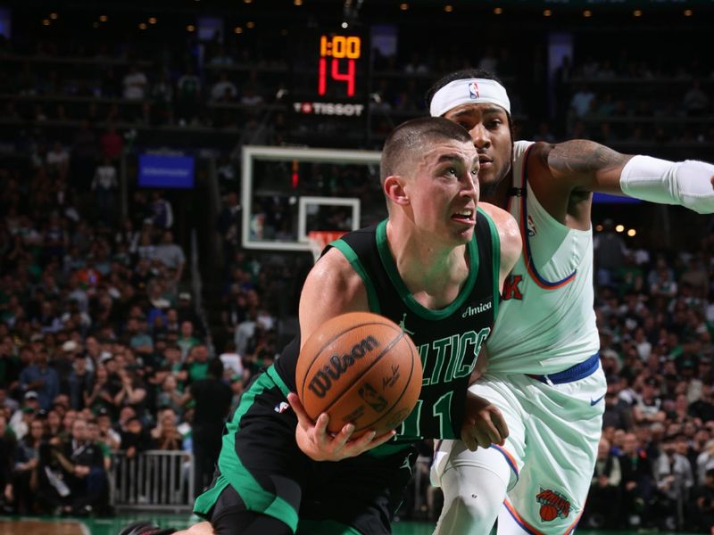 BOSTON, MA - MAY 14:  Payton Pritchard #11 of the Boston Celtics handles the ball during the game against the New York Knicks during Round Two Game Five of the 2025 NBA Playoffs on May 14, 2025 at TD Garden in Boston, Massachusetts. NOTE TO USER: User expressly acknowledges and agrees that, by downloading and/or using this Photograph, user is consenting to the terms and conditions of the Getty Images License Agreement. Mandatory Copyright Notice: Copyright 2025 NBAE (Photo by Nathaniel S. Butler/NBAE via Getty Images)